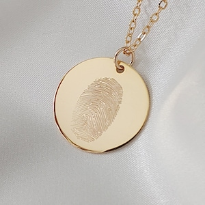 Engraved Fingerprint Pendant Necklace | Gold Round Custom Made Actual Gift Personalized Customized Memorial Mourning Finger Print Hand