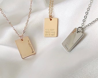 Custom Made Engraved Rectangle Necklace | Gold Silver Gift for Her Mum Mom Sterling Square Tiny Dog Tag Baby Anniversary Wedding Name Birth