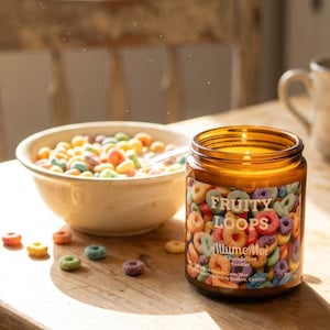 Peut inclure: Une bougie allumée dans un pot en verre avec un motif de céréales colorées, étiquetée "Fruity Loops". Un bol de céréales et une tasse sont posés sur une table en bois. La scène est baignée de soleil chaud.