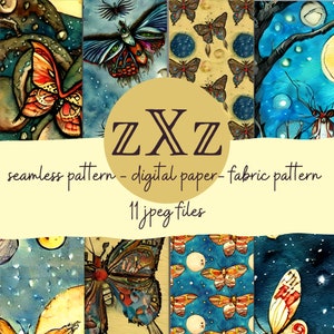 Boho Moths: Eine digitale Papierkollektion, perfekt für Scrapbooking-Hintergründe, Aquarell-Illustrationen, nahtlose Muster, Craft Printable