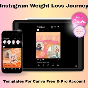 Könnte beinhalten: Ein digitaler Bildschirm zeigt eine Vorlage für einen Instagram-Post über eine Gewichtsabnahme-Reise. Die Vorlage zeigt eine Frau beim Yoga, einen Steinhaufen und ein Blumenmuster. Der Text "Time to relax" ist in der Vorlage enthalten. Der Bildschirm befindet sich auf einem Tablet-Gerät mit einem Stift daneben. Der Text "Edit in Canva" und "30 Colorful Instagram Posts" wird auf dem Bildschirm angezeigt.