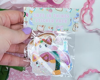 Cats in things Sticker pack, holographic silly cat stickers, cute cats