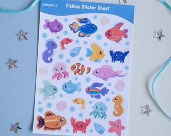 Fishies Sticker sheet, Cute planner sticker sheet, Kiss cut sticker sheet