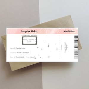 Bon de révélation surprise, billet de concert surprise, billets de carte d'embarquement, carte à gratter de révélation de surprise d'anniversaire