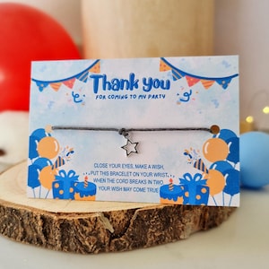 Bolsas de regalo personalizadas "Gracias por venir a mi fiesta", tarjeta con temática de globos azules y pulsera con dijes, pulsera de amistad de cumpleaños 007