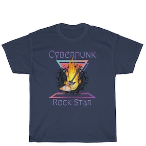 May include: A navy blue t-shirt with a graphic design of a guitar on fire in a neon triangle with the text "CYBERPUNK" and "ROCK STAR" in a neon font.
