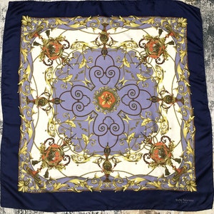 Vintage Michel Valentino Italy Baroque Silk Scarf Neck scarf Neckwear Head Scarf Shawl Wrap  Designer Scarf Luxury Fashion Blue