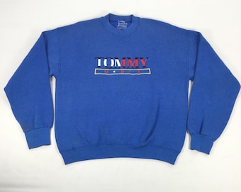 Vintage 90s Tommy Hilfiger Blue Sweatshirt, Spellout Embroidered Crewnec, Retro Streetwear Sweater, Casual Cozy Sweatshirt, Size L