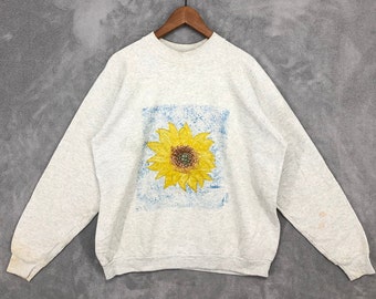 Vintage des années 90 tournesol sweat ras du cou tournesol peinture pull pull fleurs Art floral fabriqué aux Etats-Unis Fruit du métier à tisser taille XL