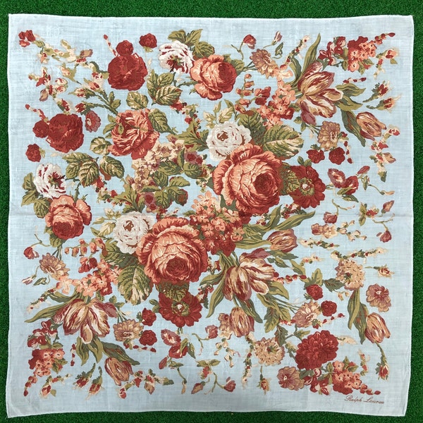 Vintage Ralph Lauren Flowers Handkerchief Floral Neckerchief Pocket Square Authentic Designer Hanky Classic Elegant Stylish White