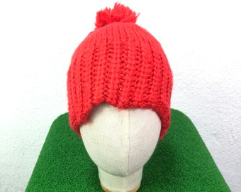 Vintage Adidas Knit Beanie Hat: Red Embroidered Bobble, Medium