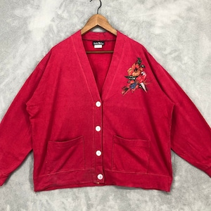 ヴィンテージ 90 年代 バード フラワー セーター 花柄 スウェットシャツ クラシック レトロ ファッション レッド カーディガン アニマルプリント 花柄 アメリカ製 サイズ XL