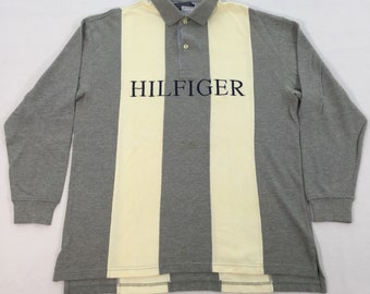 Vintage Tommy Hilfiger Long Sleeve Shirt, Polo Striped Shirt, Hilfiger Spell out, Retro Streetwear Tee,Size L