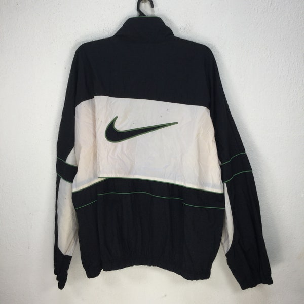 Vintage Nike Big Swoosh Windbreaker Track Top Black White Nike Embroidered Logo Sportswear Women Men Size XL