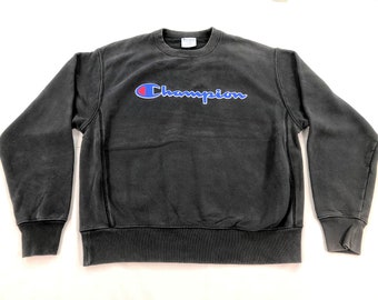 RezekiShopRoom Vintage Champion Faded Black Crewneck Sweatshirt Large Champion Logo Pullover Sweater Sportswear Men Women Size L