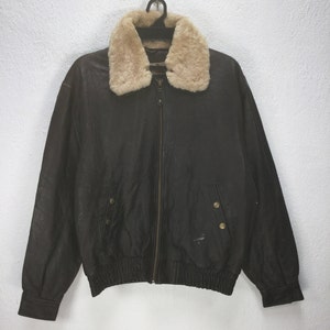 Vintage Daf Leather Jacket Pilot Jacket Fleece Collared Brown Bomber Jacket A2 Military Style Usaf Unisex Size M