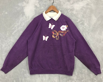 Bluza vintage z lat 90. z haftowanymi motylami i kwiatami w kolorze niebieskim, retro, rozmiar XL