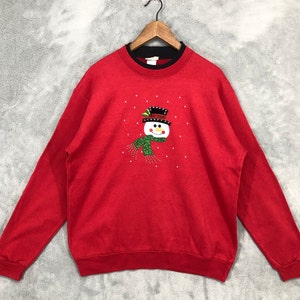 Vintage Morning Sun Snowman Embroidery Sweatshirt Snow man Crewneck Sweater Snowman Red Jumper Art Gifts Holiday Size L