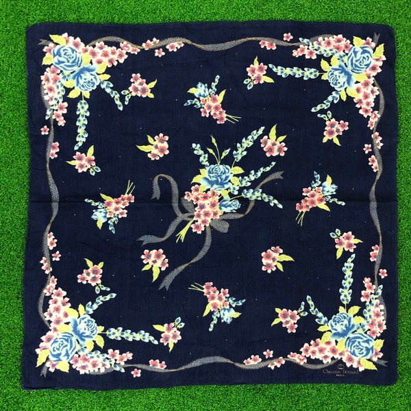 Vintage Christian Bernard Paris Flowers Handkerchief Floral Neckerchief Pocket Square Authentic Designer Hanky Classic Elegant Stylish