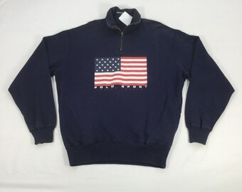 RezekiShopRoom Vintage Polo Sport Ralph Lauren USA Flag Sweatshirt, Polo Half Zipper Sweater, US Flag Jumper, Unisex Medium Size