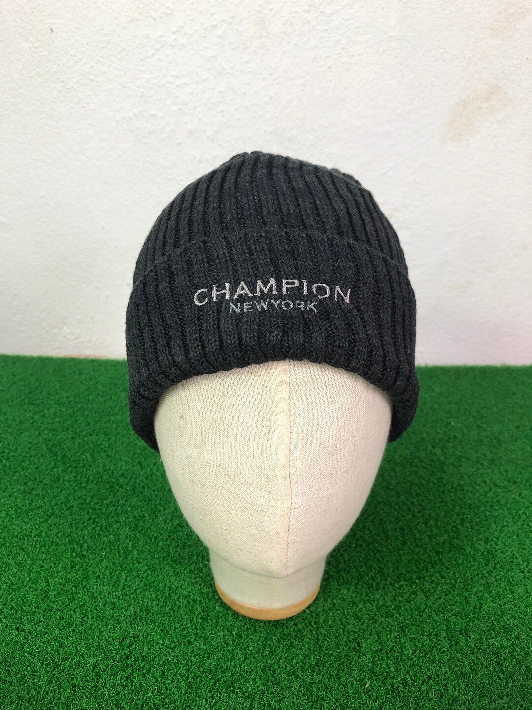 Vintage Champion New York Grey Beanie Embroidered Logo Snow Cap