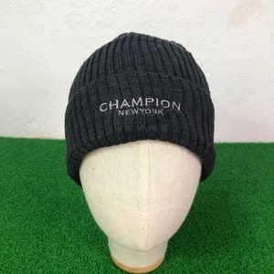 Vintage Champion New York Grey Beanie Embroidered Logo Snow Cap Hats Casual Sports Ski Winter Men Women Free Size