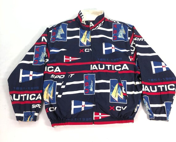 Vintage Nautica Sailing Team Jacket Large Flag All Over Print Pop Art Sailing Gear Sportswear Men Jacket Size L