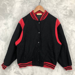 Vintage Japan Black Red Wool Varsity Jacket Women Snap Button Jacket Bomber Size M