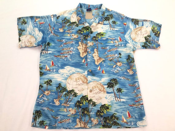 Vintage 80s HUTSPAH Hawaiian Aloha Button Up Shirt Medium Multi-Color Island