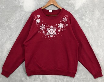 Vintage Snowflake Art Sweatshirt Red Crewneck Holiday Sweater