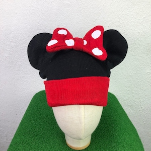 Disney Minnie Mouse Ear Hat Beanie Black Red Cartoon