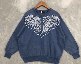 Vintage Abstract Paisley Art Crewneck Sweatshirt / Blue / made in usa / Size L