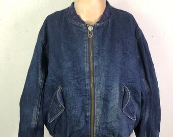 Vintage Denim Bomber Jacket Blue Jeans Jacket Leopard Linned Jacket Faded Denim Sun Faded Jeans Jacket Streetwear Japanese Brand Size XL