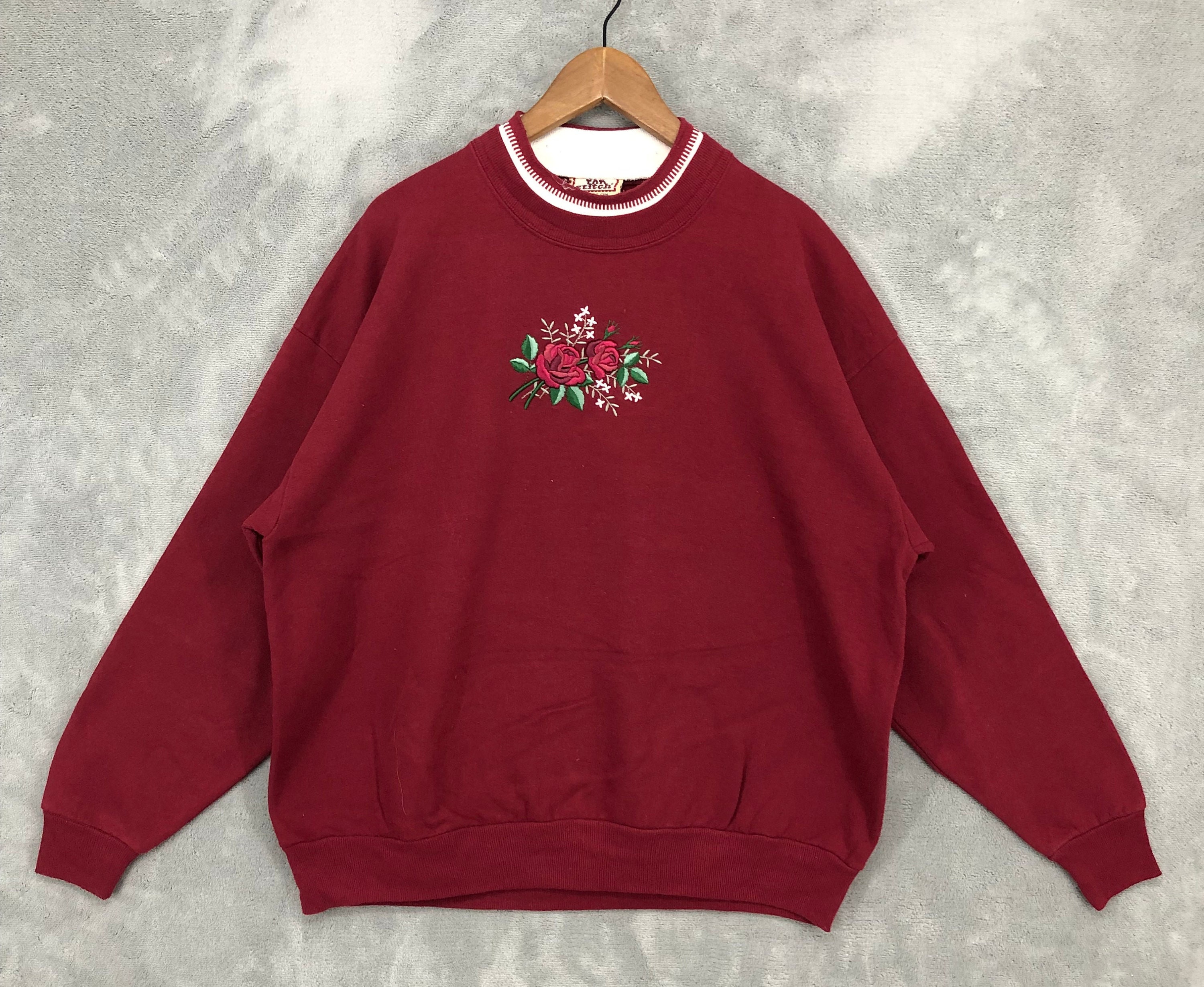 Vintage soleil du matin roses fleurs brodées sweat-shirt floral ras du cou fleur pull roses rouges pull cadeaux femmes maman taille XL