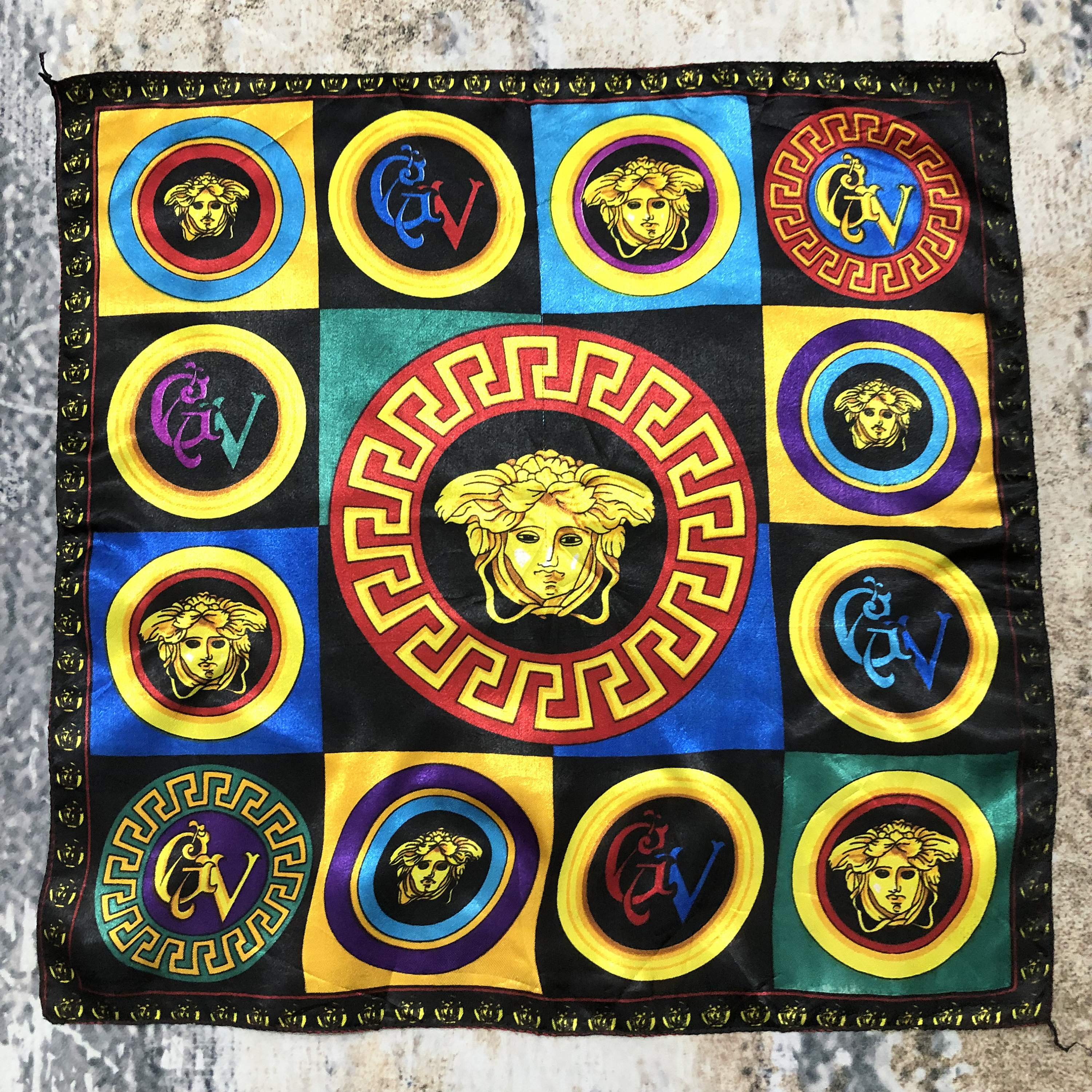 GIANNI VERSACE silk scarf Baroque print size 34" from 1992 royal blue  & gold
