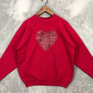 Vintage Love Heart glittersweater dames Red Love ronde hals Fruit of the loom-sweater Gemaakt in de VS Geschenken Dames maat XL