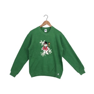 Vintage 90s Snowman Embroidered Russell Sweatshirt Snowman Crewneck Snowman Sweater Snowman Art Christmas Gifts Green Elf Made in usa Size M