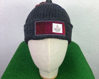 Harris Tweed Beanie Hat Gray Embroidered logo Designer Luxury Unisex