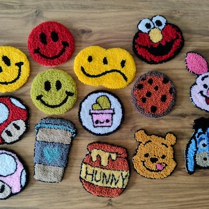 Alfombra de taza Punch Needle, Elmo, Mario Mushroom, Winnie the Pooh, Smile, Cookie Monster Cooaster