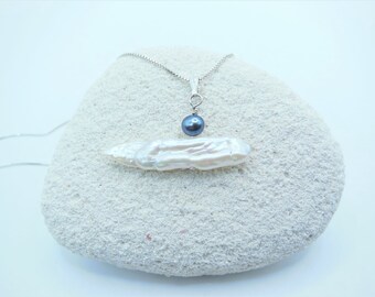 White Biwa Pearl Necklace on Sterling Silver Chain