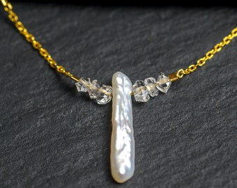White baroque pearl and diamond necklace| April Birthstone| 14k gold vermeil | Precious stone |Choker necklace| Unique and rare