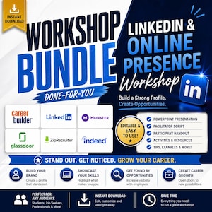 May include: A blue and white graphic promoting a LinkedIn and Online Presence Workshop Bundle. The image includes logos for CareerBuilder, LinkedIn, Monster, Glassdoor, ZipRecruiter, and Indeed. Text highlights building a strong profile and creating opportunities.