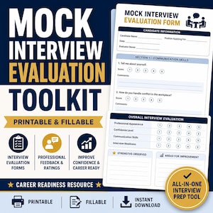 Peut inclure: Graphique bleu marine et or pour une trousse d'évaluation d'entretien simulé. Le texte comprend "Mock Interview Evaluation Toolkit", "Printable & Fillable" et "Career Readiness Resource". L'image présente également des formulaires d'évaluation d'entretien.