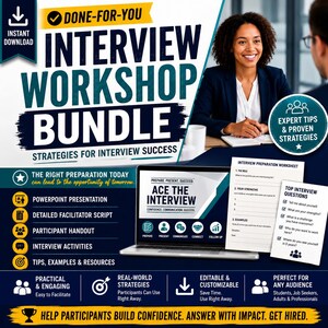May include: An interview workshop bundle with the text "Done-For-You Interview Workshop Bundle" and "Strategies for Interview Success." The image includes a laptop, worksheets, and a woman smiling. The bundle promises expert tips and proven strategies.