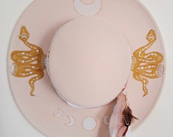 Wide Brim Cream and Gold Fedora Handmade Burned and painted Snake Design with moons