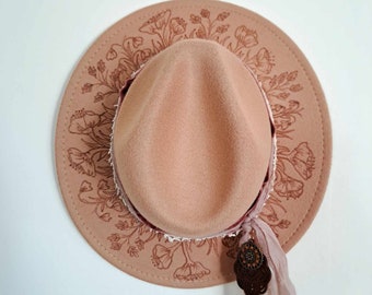 Hand Burned Fedora, Spring Flowers, light brown with layered band and accessories