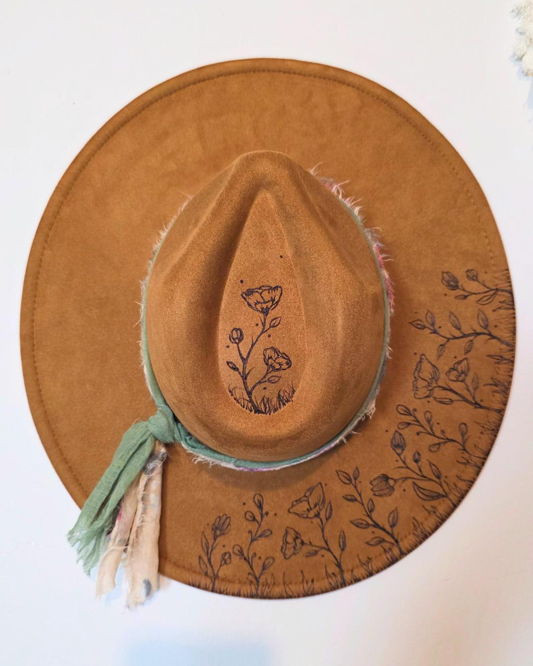 Floral Handburned Structured Brim  Tan Fedora Hand Burned Fedora Hat With Lily Flower Design – Freehand  main image 4