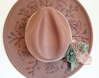 Custom Burned Fedora Hat: Handmade Wide Brim Sun Hat - Etsy display picture 1