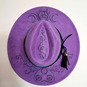 Wide Brim Hat. Fedora, Burned Hat, Custom Hat, Painted Hat - Purple Witch, Wiccan, Planchette and Celtic Knot