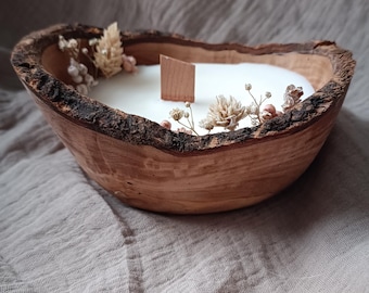 Rapswachskerze in Olivenholz-Schale | Handgemachte Kerze mit Trockenblumen | Nachhaltige Deko | Geschenkidee Natur | Vegane Kerze lDuftkerze